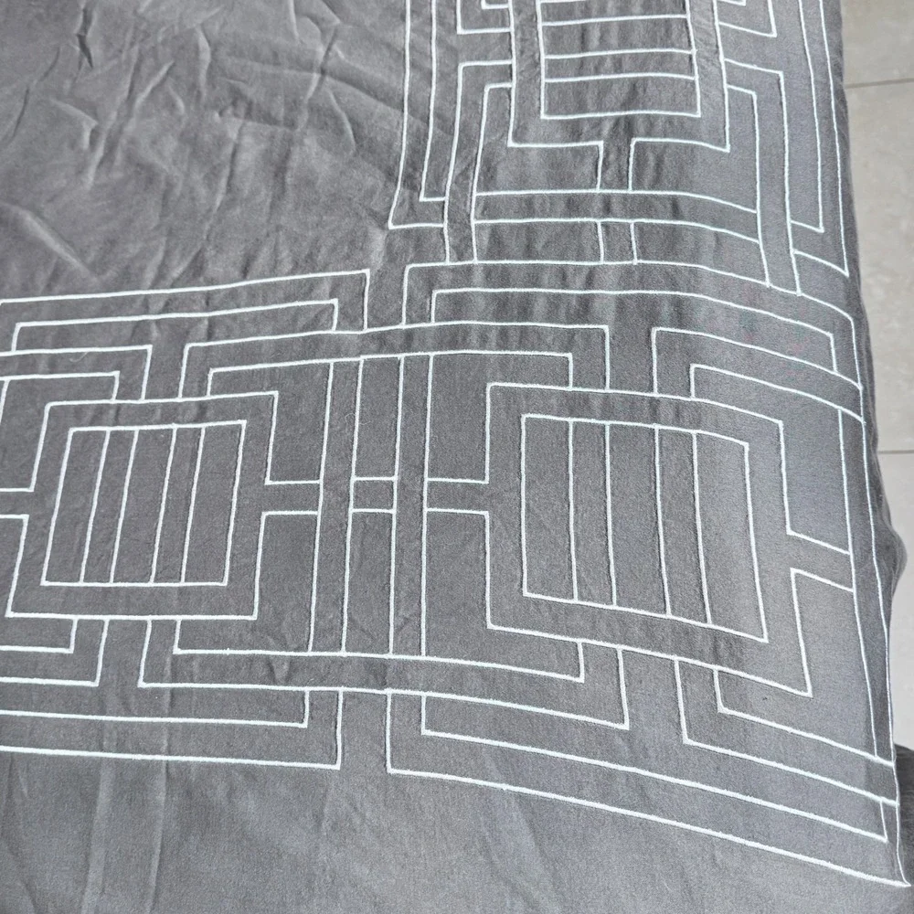 NICOLE MILLER HOME KING DUVET COVER Grey White Embroidery Edges Geometric Cotton